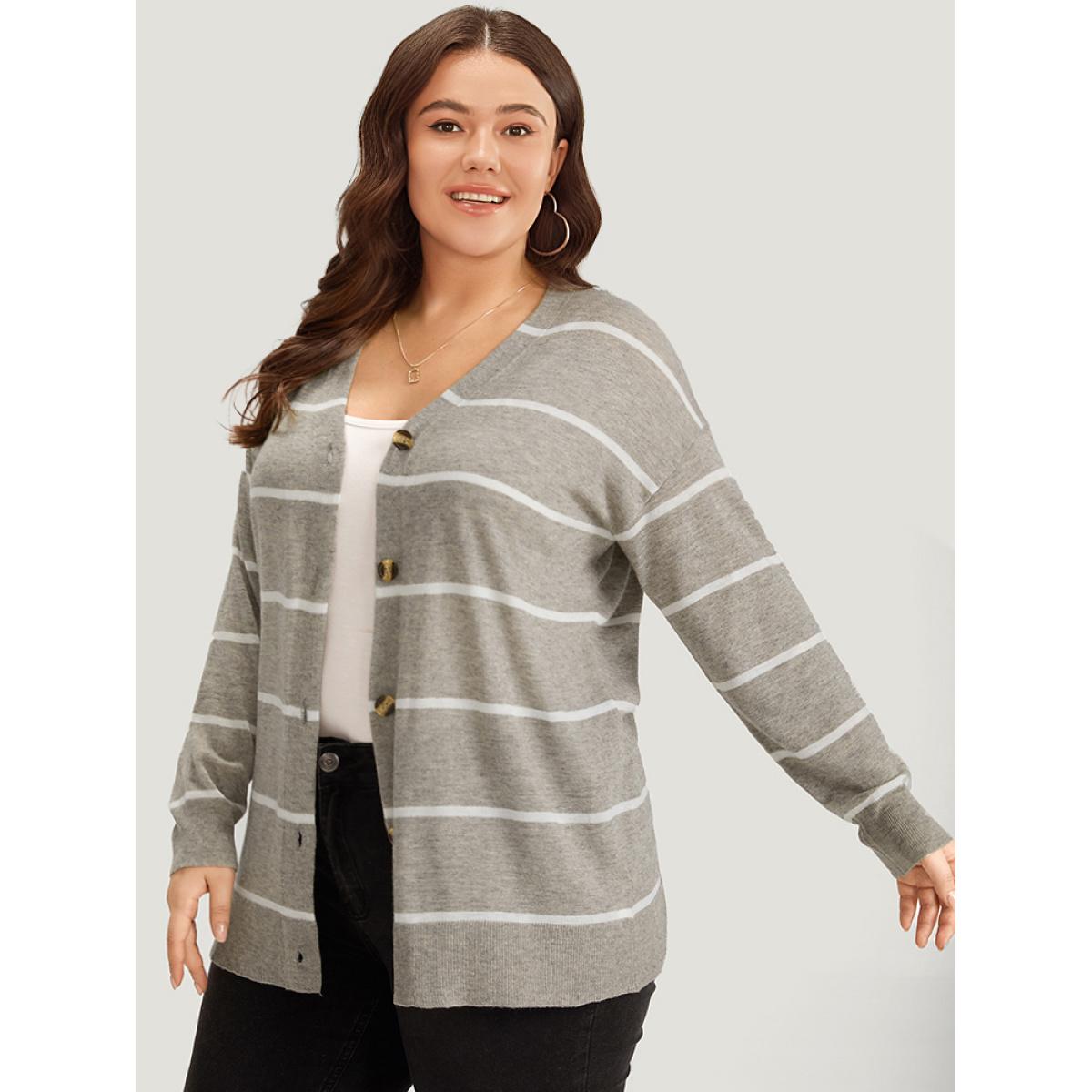Plus Size Supersoft Essentials Striped Button Through Elastic Cuffs Cardigan DarkGray Women Casual Loose Long Sleeve Dailywear Cardigans BloomChic 12/L Product Image