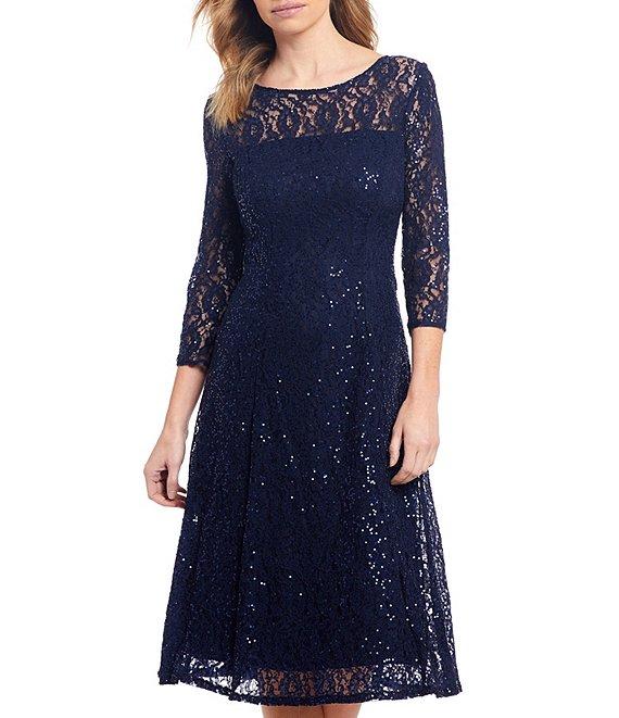Ignite Evenings Sequin Lace Round Neck 3/4 Sleeve Midi Dress Product Image