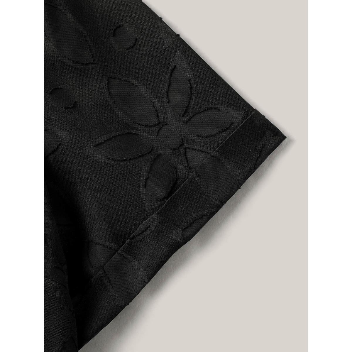 Plus Size Black Floral Cut Print Notched Neck Blouse Women Short sleeve Notched collar Work Blouses BloomChic 14-16/1X Product Image