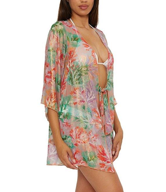 Becca By Rebecca Virtue Coral Reef Sheer knit Tie Front Kimono Swim Cover-Up Product Image