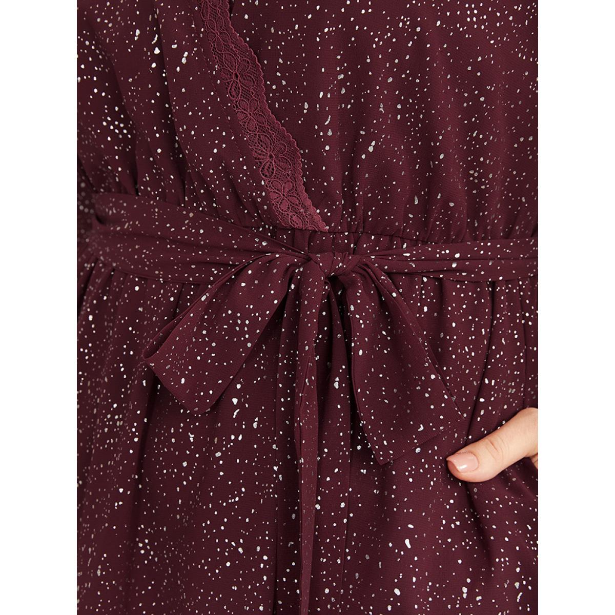Plus Size Polka Dot Wrap Lace Trim Lantern Sleeve Pocket Belted Dress Burgundy Women Party Pocket V-neck Long Sleeve Curvy Midi Dress BloomChic 22-24/3X Product Image