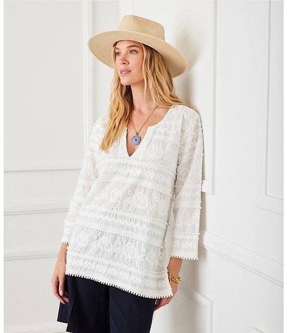 Karen Kane Embroidered Split Neck 3/4 Bell Sleeve Tassel Hem Tunic Product Image