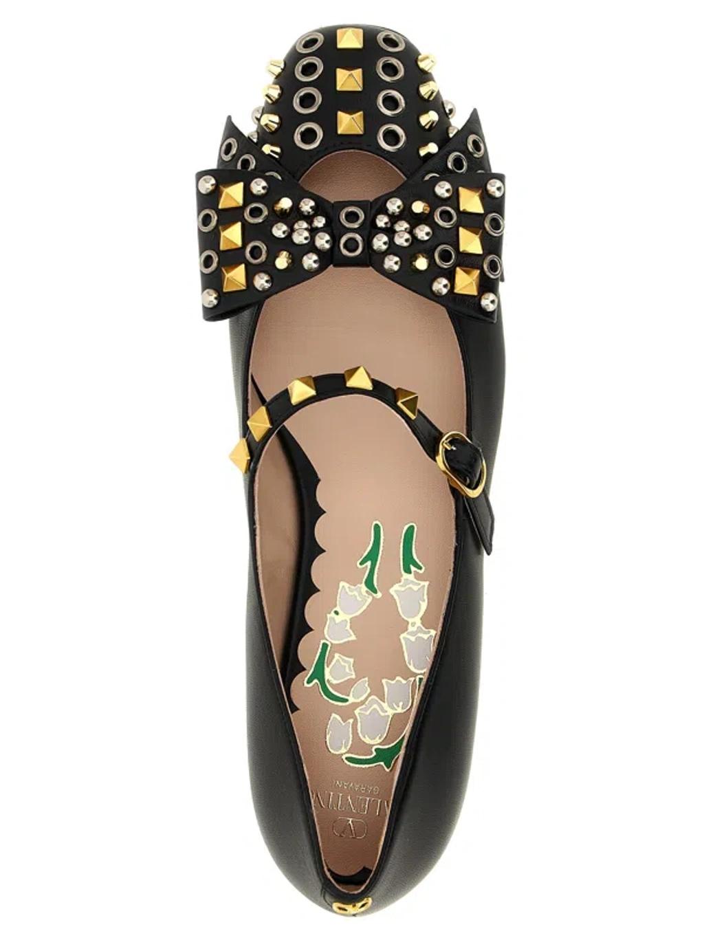 VALENTINO GARAVANI Mary-jane Bowow Ballerina In Kidskin With Studs Woman Black 35 In Multi Product Image