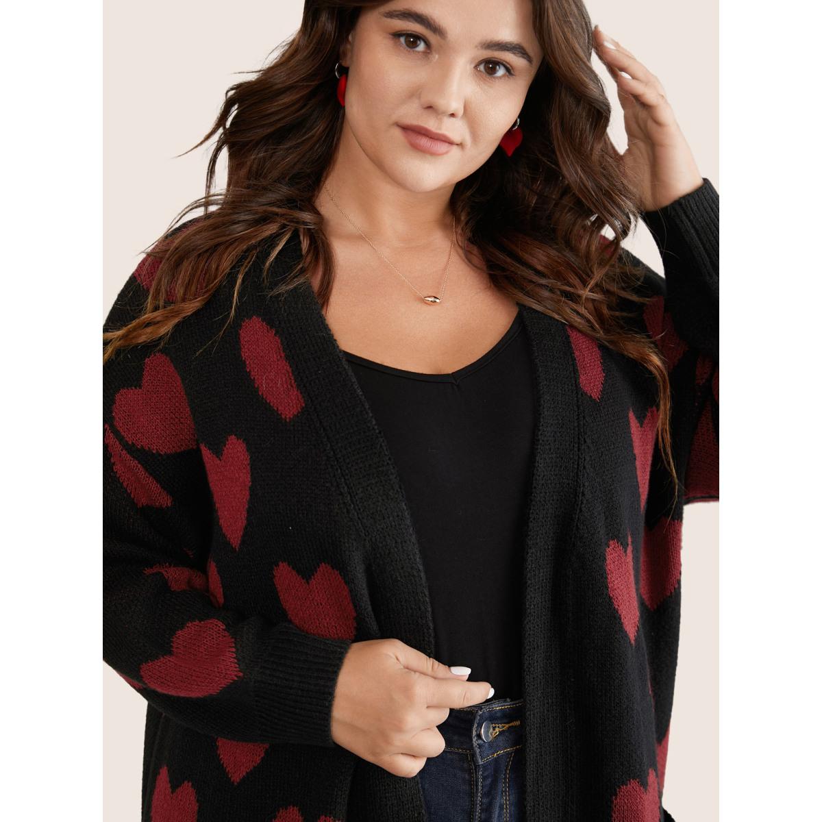 Plus Size Heart Geometric Contrast Pocket Cardigan Black Women Casual Long Sleeve Everyday Cardigans BloomChic 14-16/1X Product Image