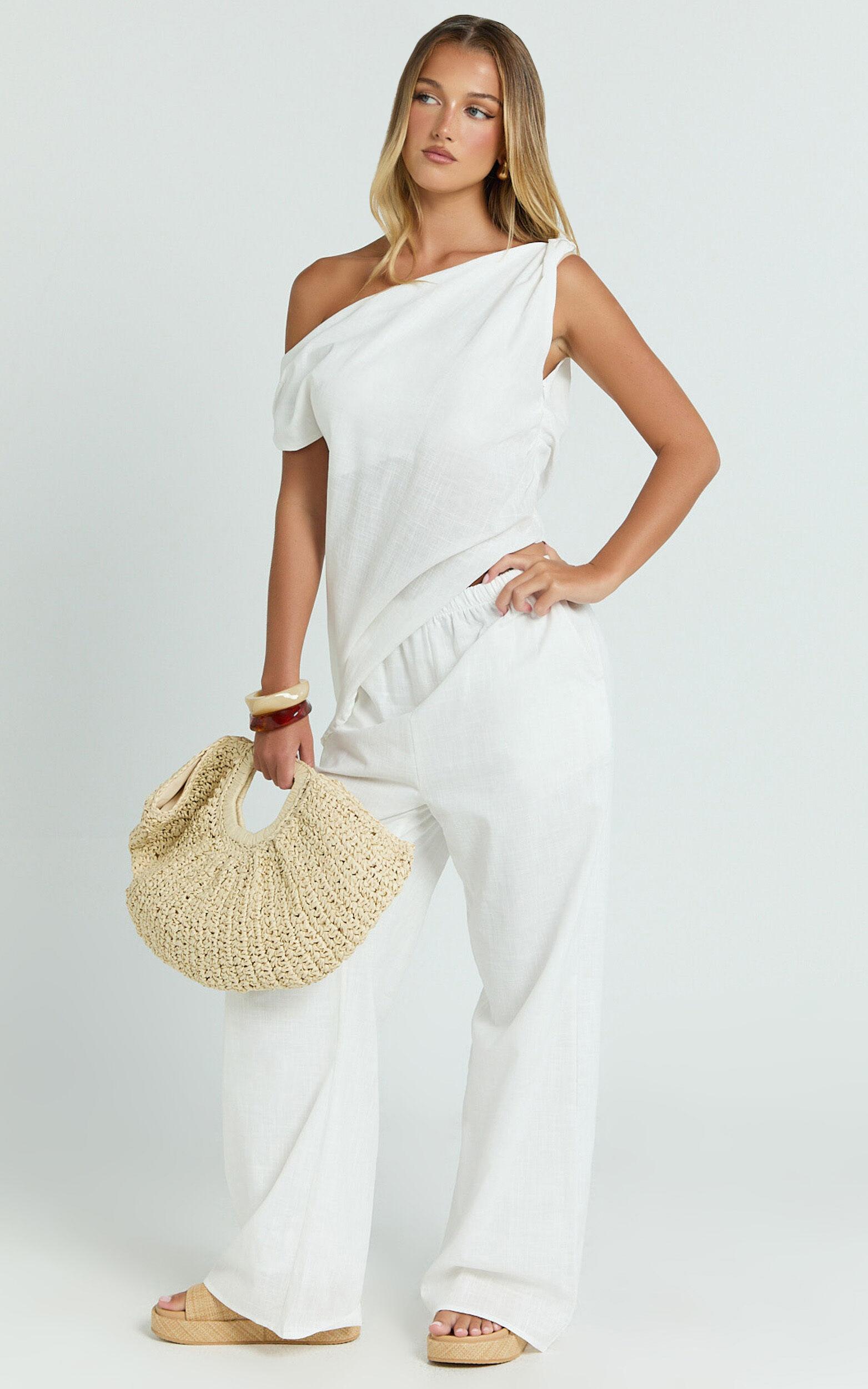 Annalie Two Piece Top and Pants Set - Off Shoulder Linen Set in White Product Image