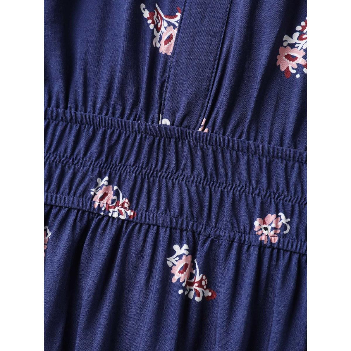 Plus Size Paisley Print Shirred Waist Midi Dress DarkBlue Women Boho Flat collar with V-notch Elbow-length sleeve Curvy BloomChic 18-20/2X Product Image