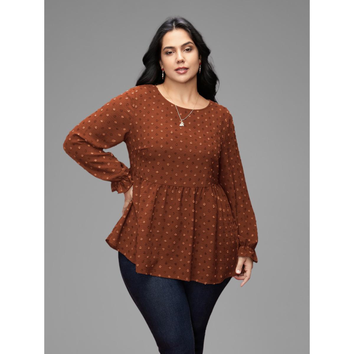 Plus Size Rust Textured Dot Elastic Cuffs A-line Blouse Women Leisure Long Sleeve Round Neck Casual Blouses BloomChic 26/4X Product Image