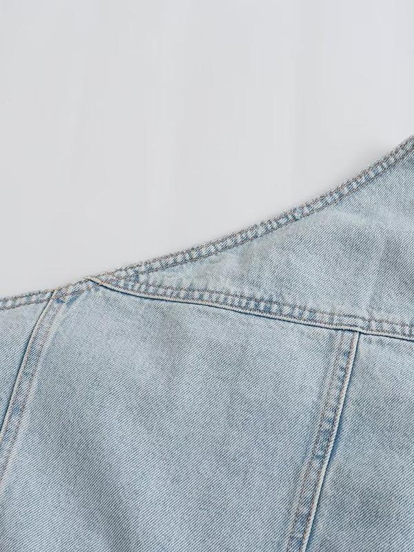 Light Wash Asymmetric Design Denim Short Bandeau Top Product Image