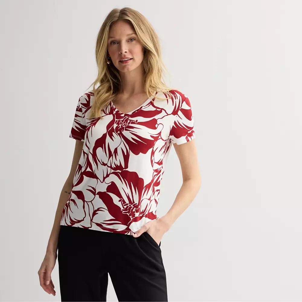 Petite Nine West Essential Short Sleeve V-Neck Tee, Women's, Size: Small Petite, Red Mid  Flor Product Image