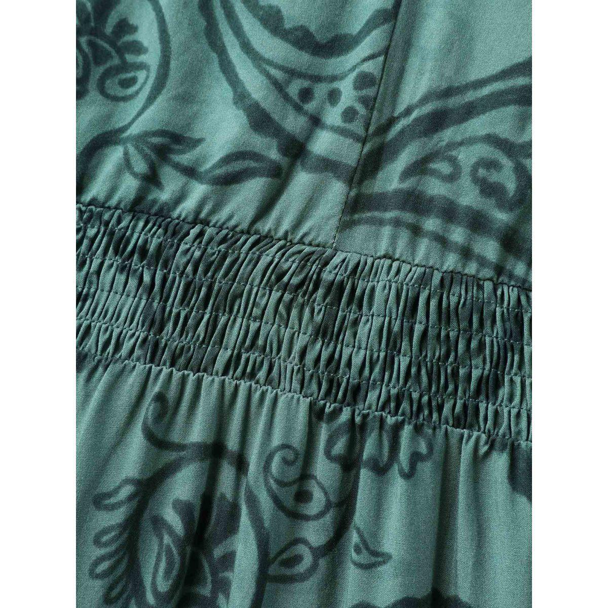 Plus Size Paisley Print Shirred Waist Midi Dress Teal Women Boho V-neck Short sleeve Curvy BloomChic 12/L Product Image