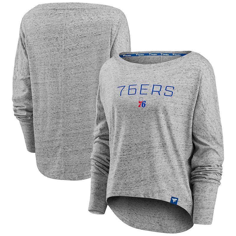 Women's Fanatics Branded Heathered Gray Philadelphia 76ers Nostalgia Off-The-Shoulder Long Sleeve T-Shirt,  Product Image
