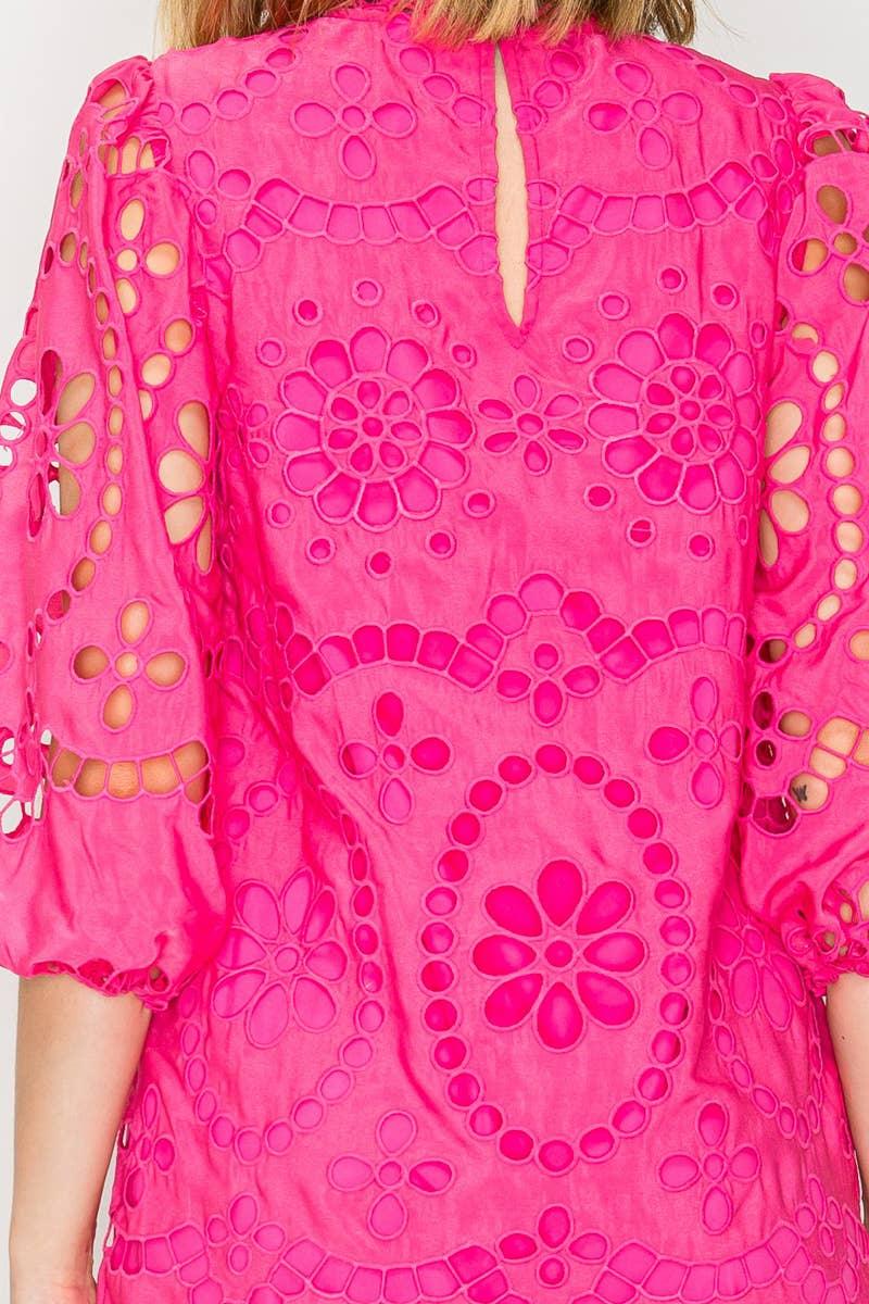 Dragonfruit Pink Daisy Eyelet Mini Dress Product Image
