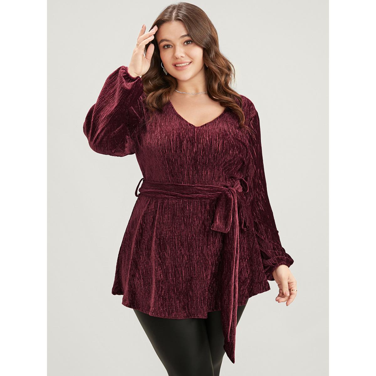Plus Size Burgundy Glitter Textured Lantern Sleeve Belted Ruffle Blouse Women Party Long Sleeve V-neck Going out Blouses BloomChic 14-16/1X Product Image