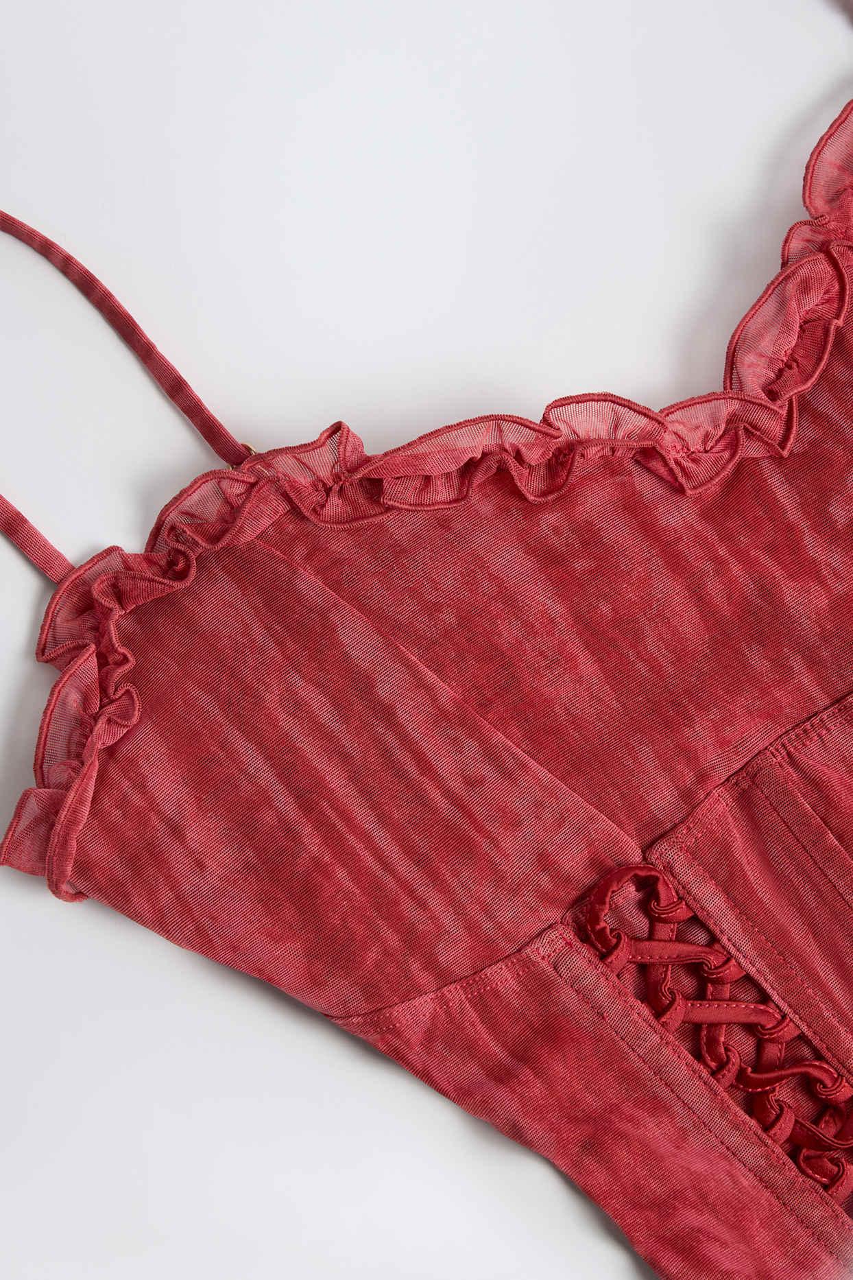 Lace-Up Ruffled Flared Jumpsuit in Red Print Product Image