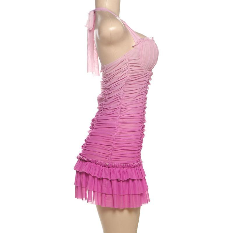Halter Gradient Ruffle Ruched Mini Sheath Dress Product Image