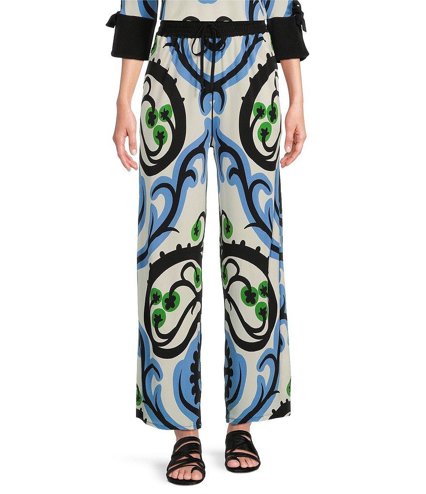 Eva Varro Baroque Print Knit Jersey Drawstring Elastic Waist Straight Leg Pants Product Image