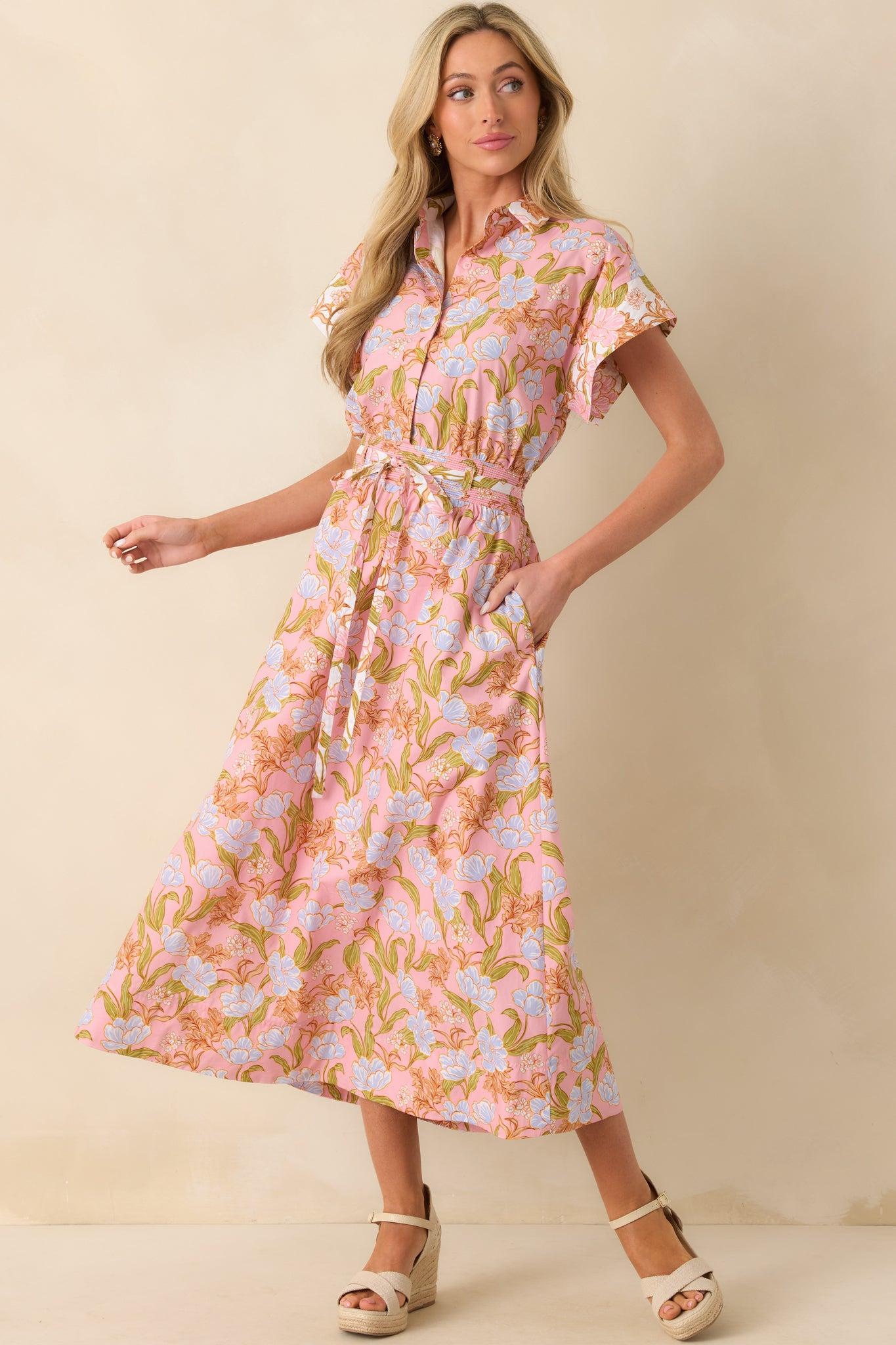 It Comes Easily Pink Coral Floral Print Maxi Shirt Dress Product Image