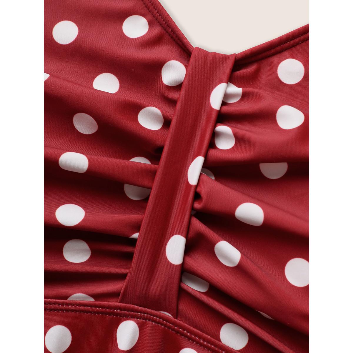 Plus Size Polka Dot Ruched Ruffle Trim Swim Top Women's Swimwear Russet Beach Gathered High stretch Bodycon V-neck Curve Swim Tops BloomChic 10/M Product Image