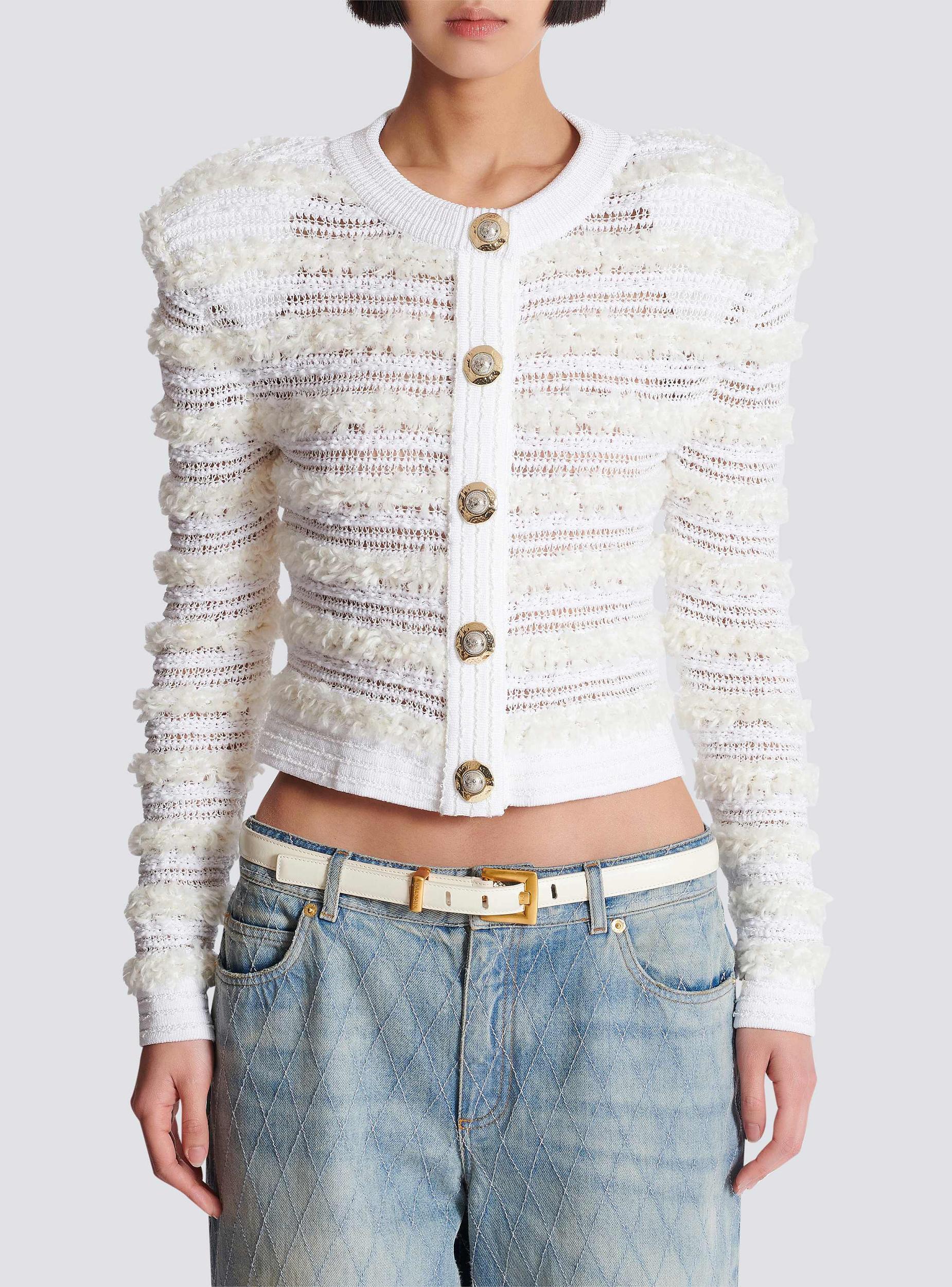 Long-sleeved tweed-effect knit cardigan Product Image