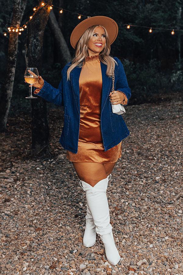 Fashionably Late Velvet Mini Dress In Camel Curves Product Image