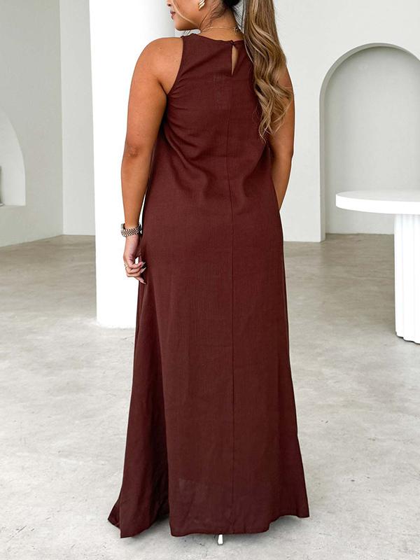 A-Line Loose Split-Joint Round-Neck Maxi Dresses Product Image