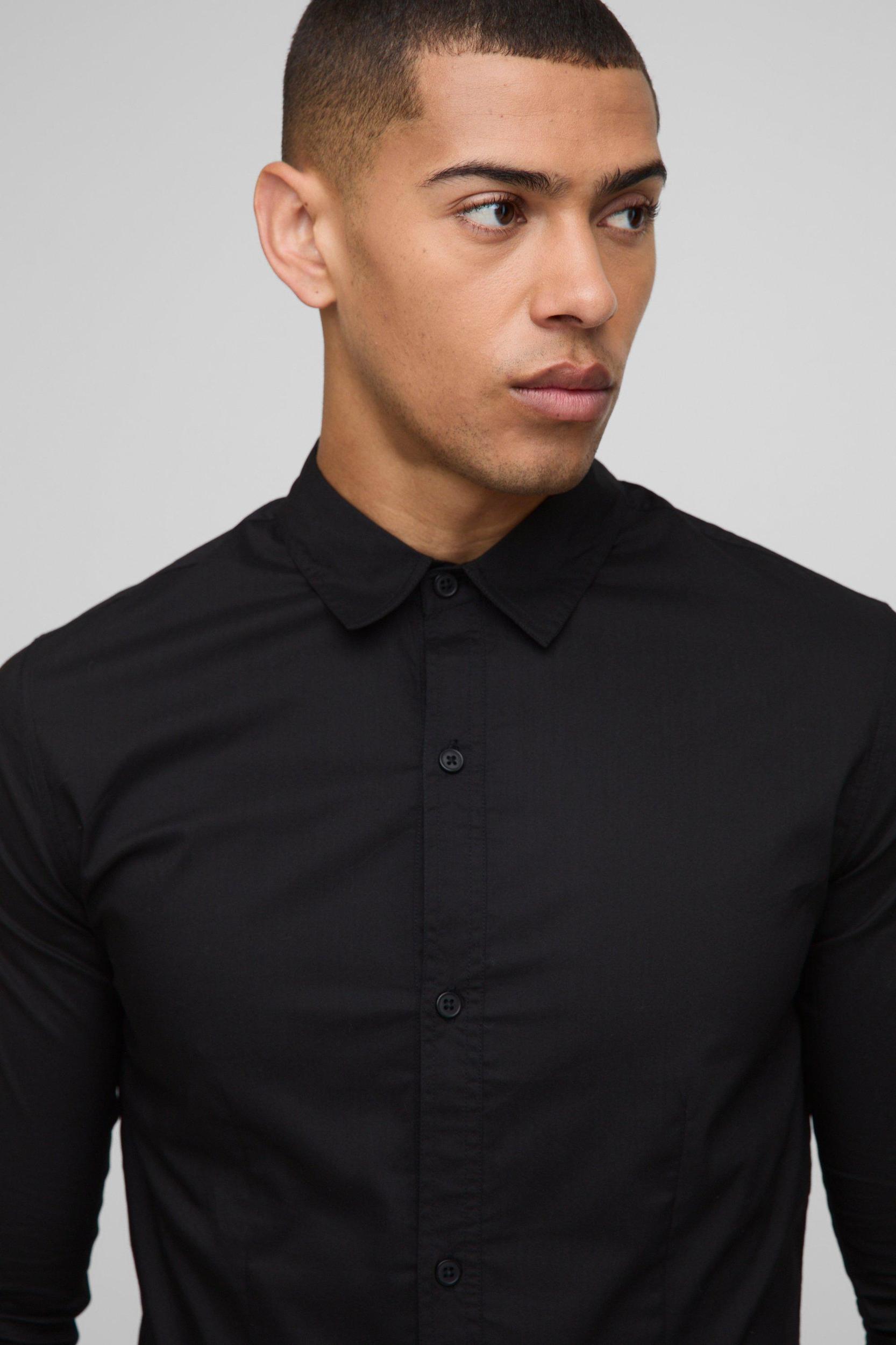 Stretch Fit Basic Long Sleeve Collared Shirt | boohooMAN USA Product Image