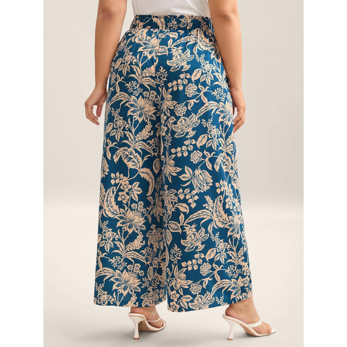 Plus Size Floral Perfection Belted Wide-Leg Pants Women Indigo Elegant Wide Leg Mid Rise Everyday-Elegant Pants BloomChic 26/4X Product Image