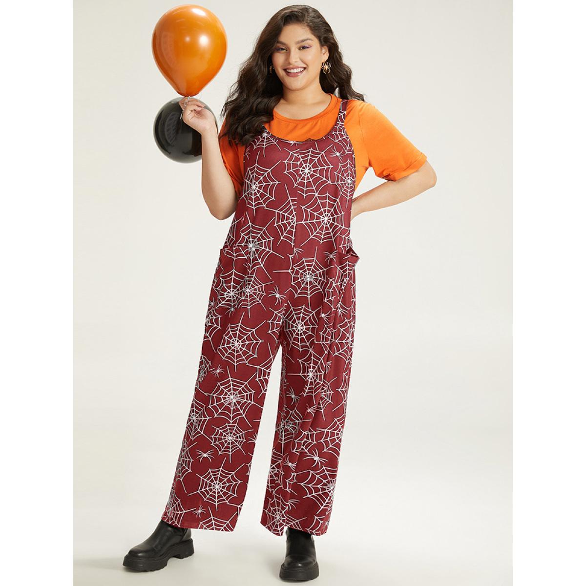 Plus Size DarkGreen Halloween Spider Web Print Pocket Overall Cami Jumpsuit Women Casual Sleeveless Spaghetti Strap Festival-Halloween Loose Jumpsuits BloomChic 22-24/3X Product Image