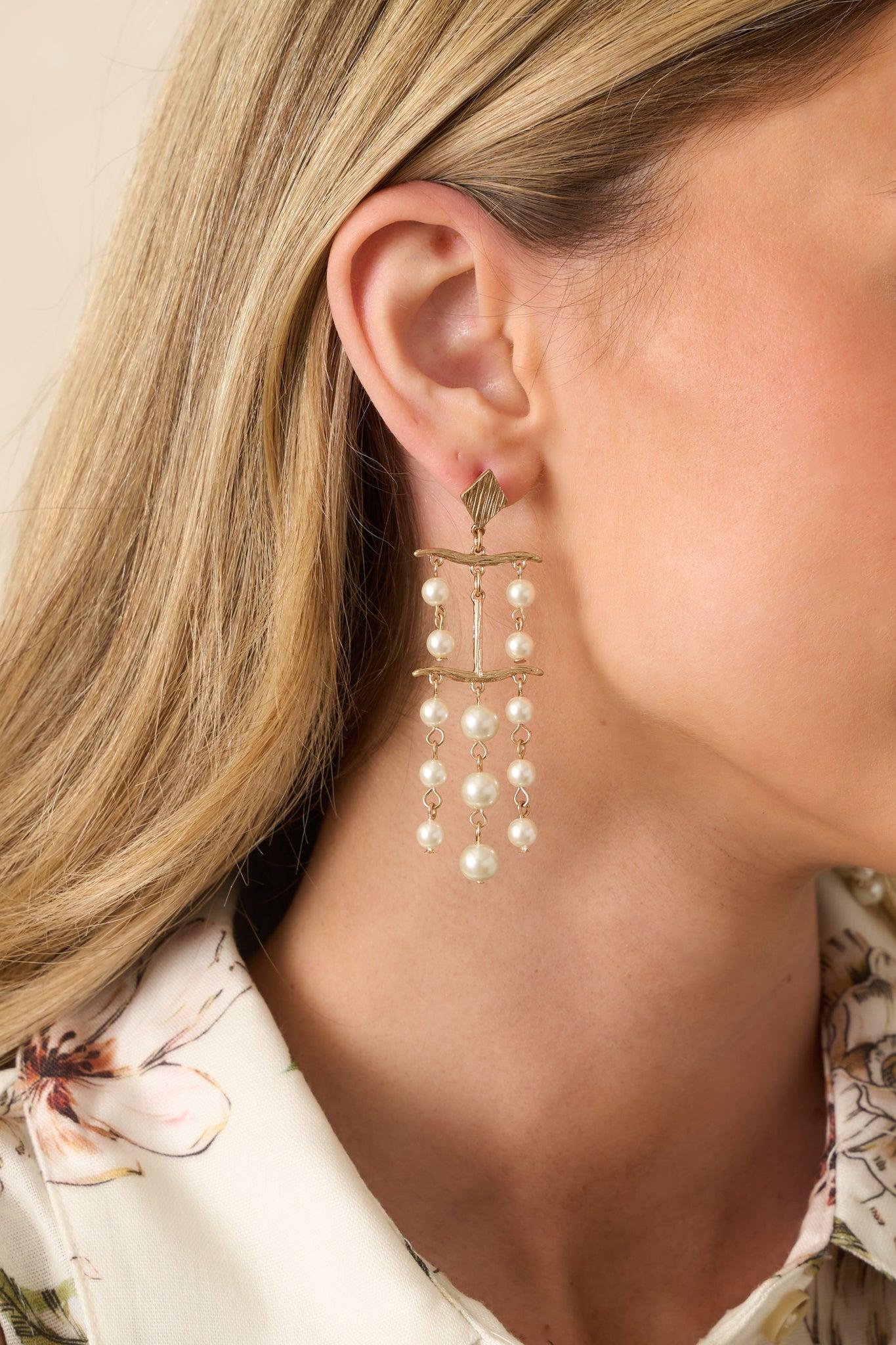 Ending On A High Note Gold Ivory Pearl Chandelier Drop Earrings Product Image