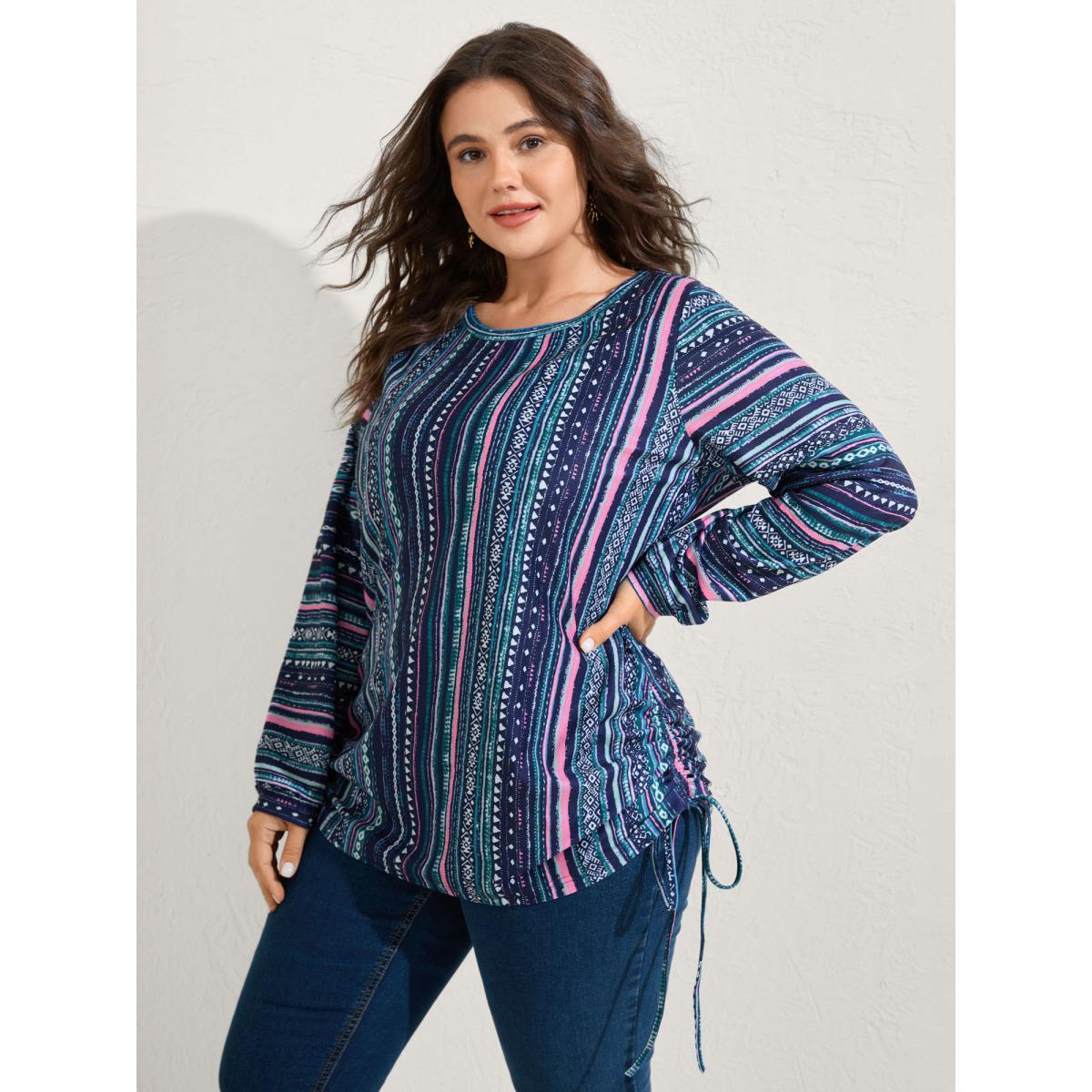 Plus Size Striped Drawstring Color Contrast Sweatshirt Women DarkBlue Boho Round Neck Vacation Sweatshirts BloomChic 26/4X Product Image