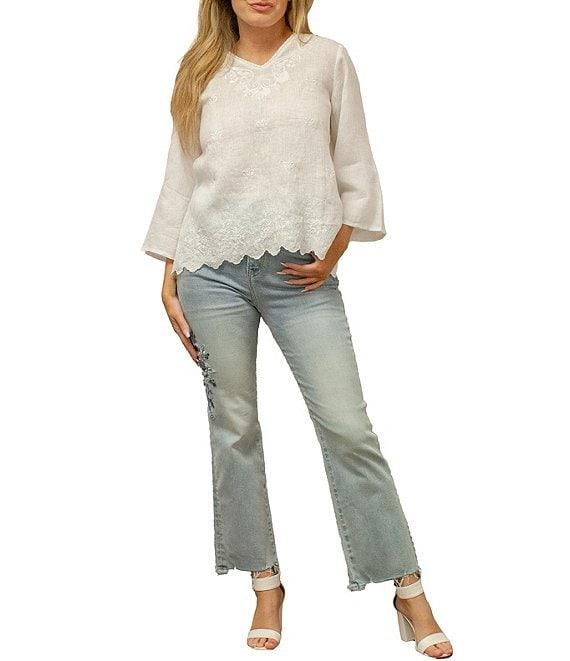 Karyn Seo Billie Linen Tonal Embroidered 3/4 Sleeve Blouse Product Image