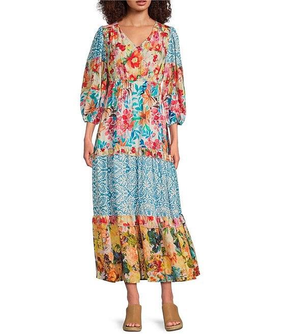 Calessa Patchwork Floral V-Neck 3/4 Sleeve A-Line Tiered Midi Dress Product Image