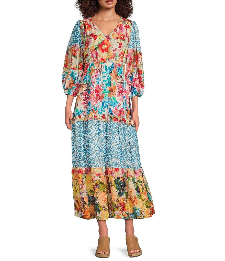 Calessa Patchwork Floral V-Neck 3/4 Sleeve A-Line Tiered Midi Dress Product Image
