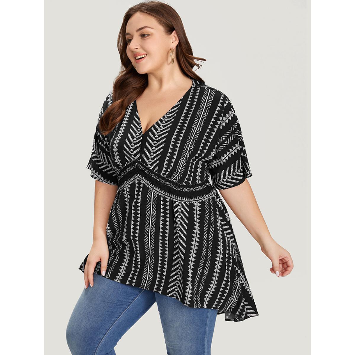 Plus Size Black Bandana Print High Low Hem Patchwork Blouse Women Elegant Short sleeve Deep V-neck Vacation Blouses BloomChic 14-16/1X Product Image