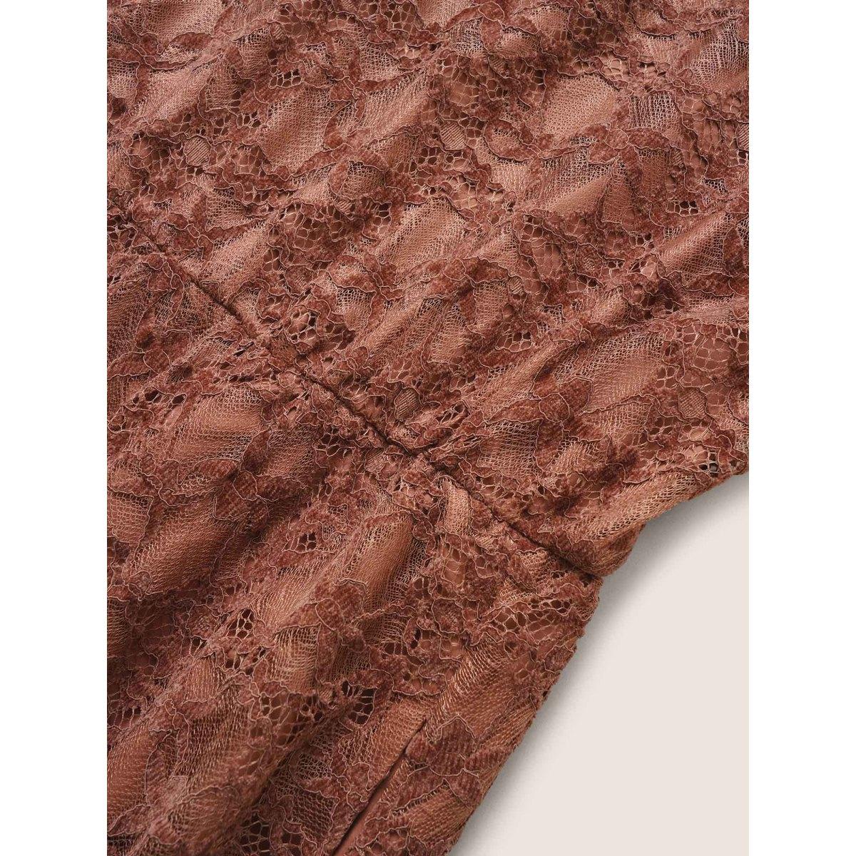 Plus Size Crochet Lace Mesh Tiered Ruffle Trim Dress Burgundy Women Elegant Texture V-neck Sleeveless Curvy Midi Dress BloomChic 14-16/1X Product Image