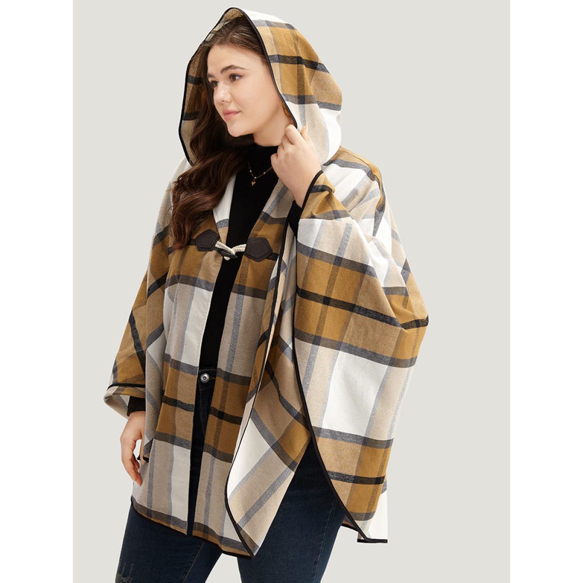 Plus Size Plaid Duffle Button Hooded Cape Coat Women Bronze Casual Button Loose Ladies Dailywear Winter Coats BloomChic 10/M Product Image