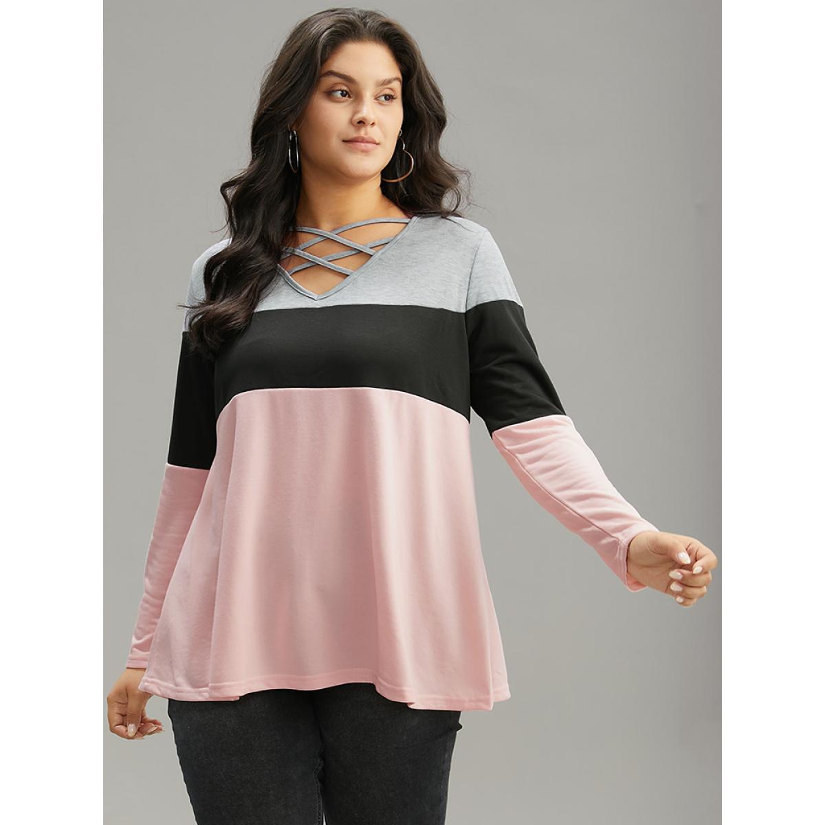Plus Size Colorblock Contrast Crisscross V Neck Sweatshirt Women Multicolor Casual Contrast V-neck Everyday Sweatshirts BloomChic 10/M Product Image