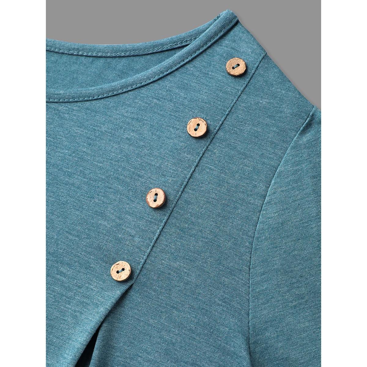Plus Size Shoulder Button Hi-Low Hem Flared T-Shirt Teal Women Casual Button Round Neck Loose Everyday T-shirts BloomChic 30/6X Product Image