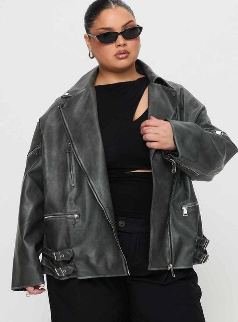 Magnets Faux Leather Jacket Washed Charcoal Curve Product Image