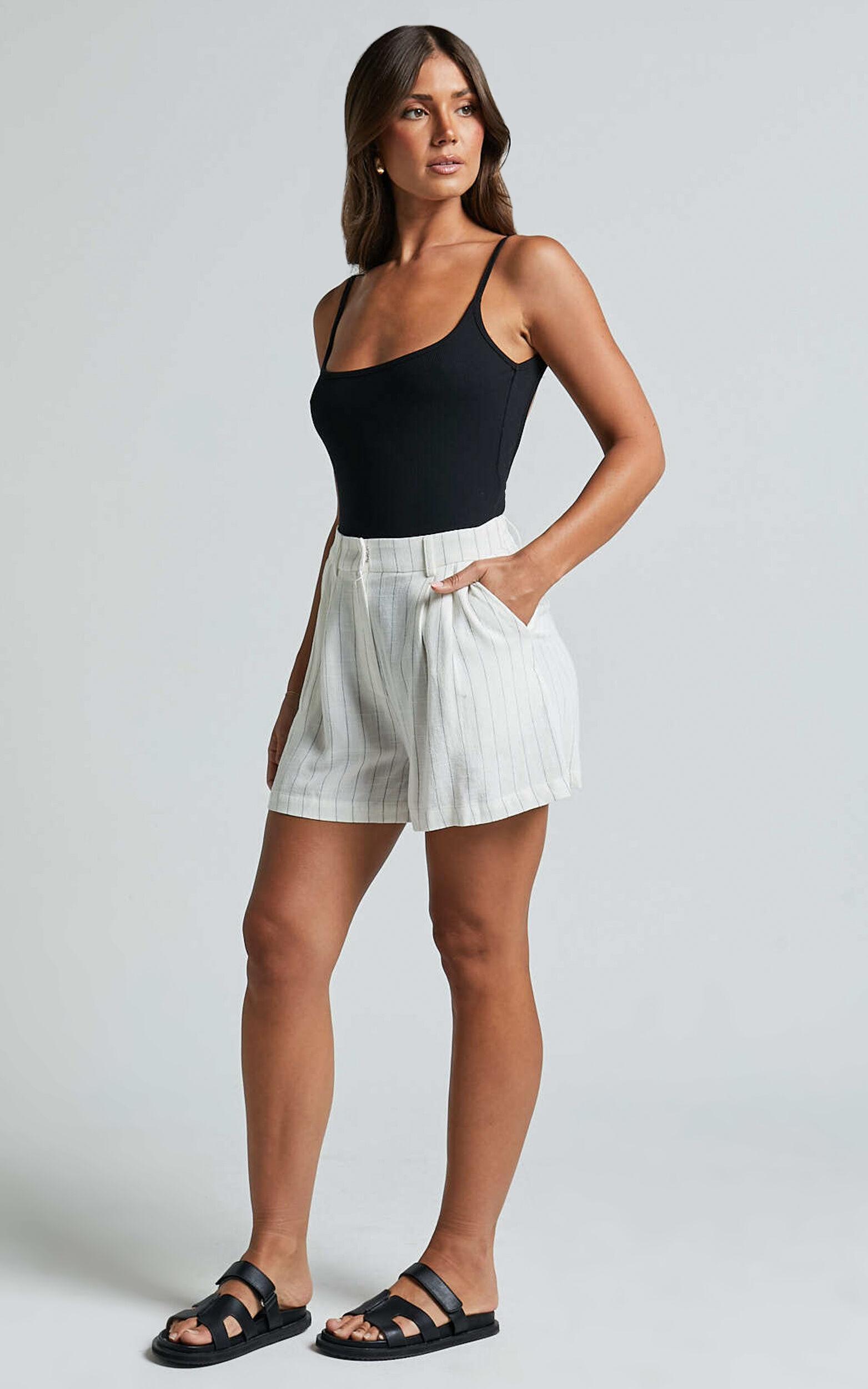 Manon Shorts - Linen Tailored Pinstripe Shorts in White Product Image