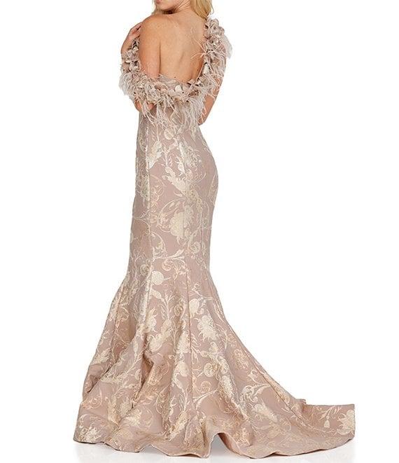 Terani Couture Jacquard Off-the-Shoulder Feather Trim Mermaid Gown Product Image