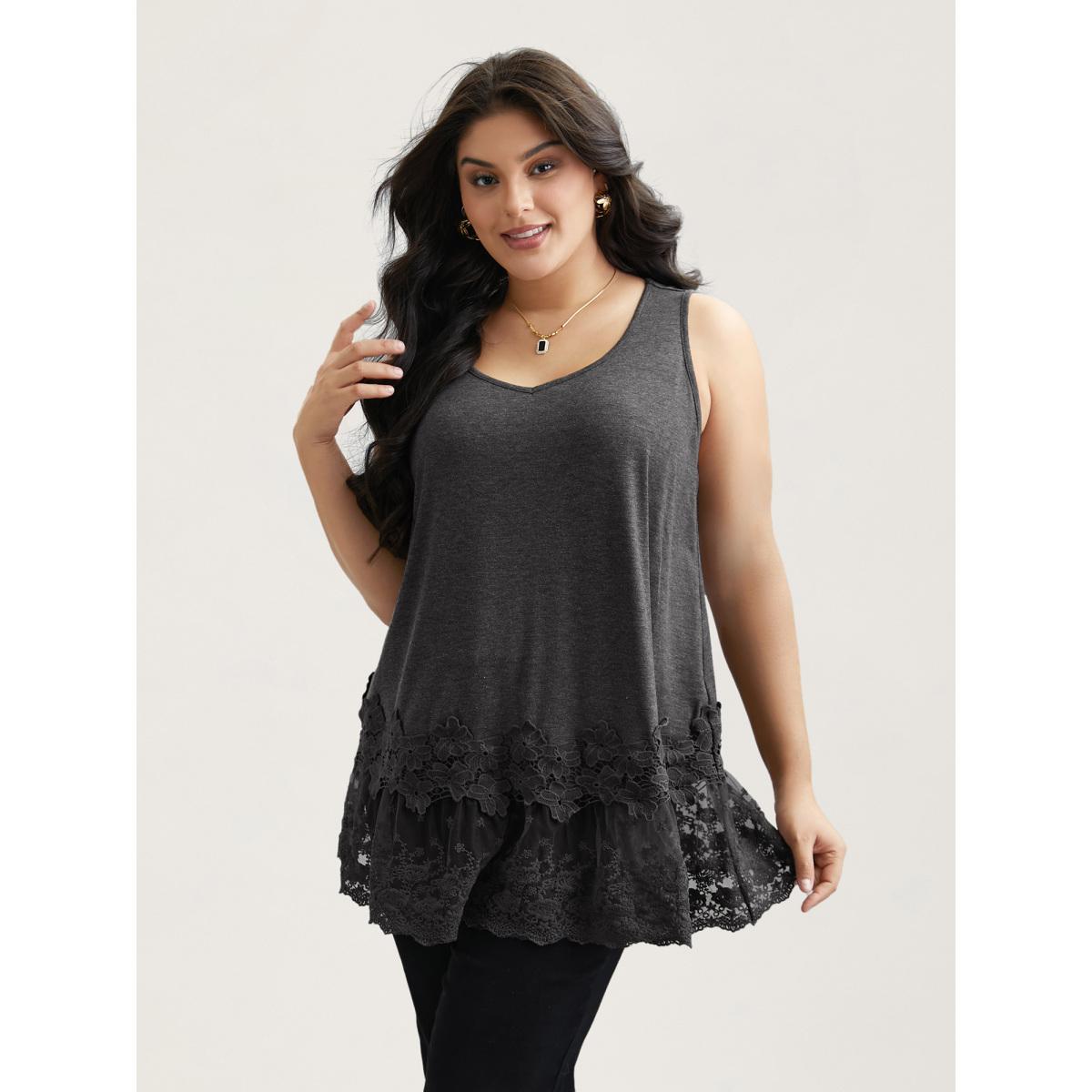 Plus Size Lace Patchwork Plain V-Neck Vest Women DimGray Elegant Woven ribbon&lace trim V-neck Everyday Tank Tops Camis BloomChic 10/M Product Image