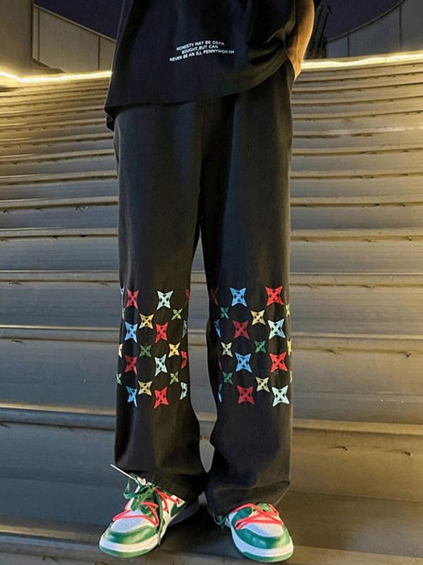 Men's Washed Colorful Embroidery Print Straight Leg Jeans Product Image