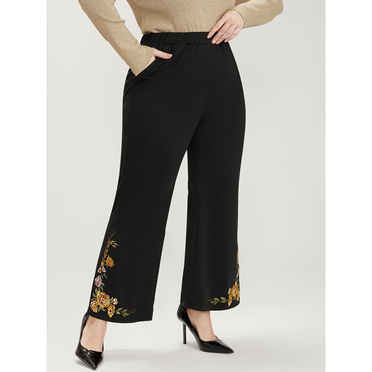 Plus Size Floral Embroidered Pocket Elastic Waist Bootcut Pants Women Black Elegant Bootcut Mid Rise Dailywear Pants BloomChic 22-24/3X Product Image