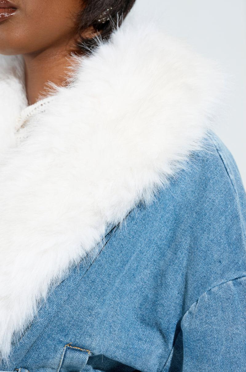 LAINEY FUR TRIM DENIM MOTO Product Image