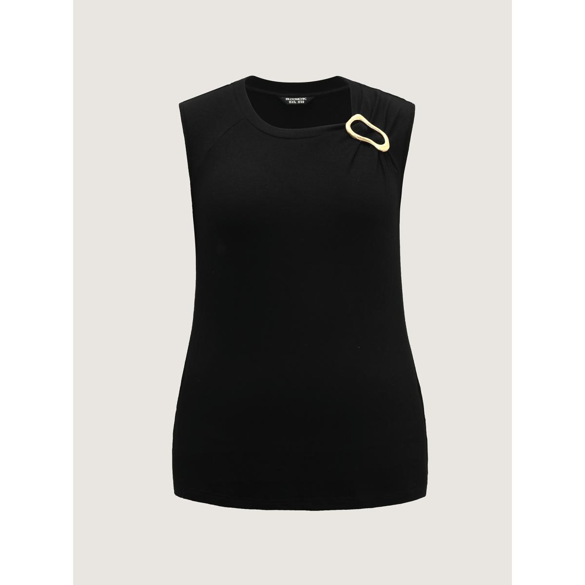 Plus Size Supersoft Detachable Metal Buckle Tank Top Women Black Leisure Gathered Asymmetrical Neck Casual Tank Tops Camis BloomChic 14-16/1X Product Image