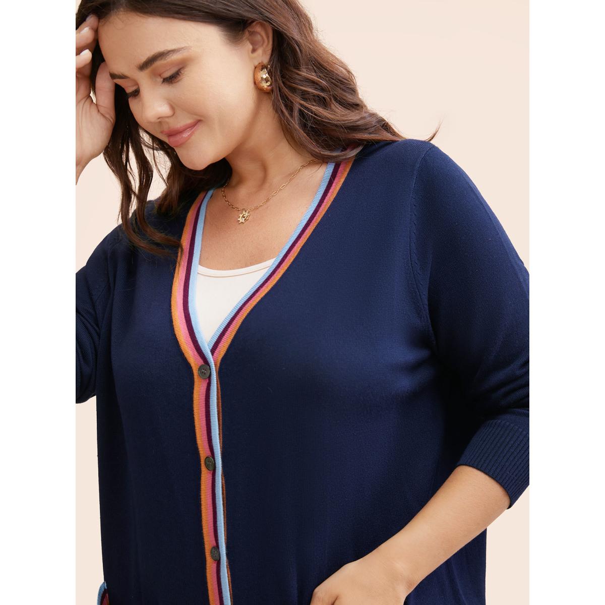 Plus Size Contrast Striped Trim Patch Pocket Cardigan Indigo Women Casual Loose Long Sleeve Everyday Cardigans BloomChic 10/M Product Image