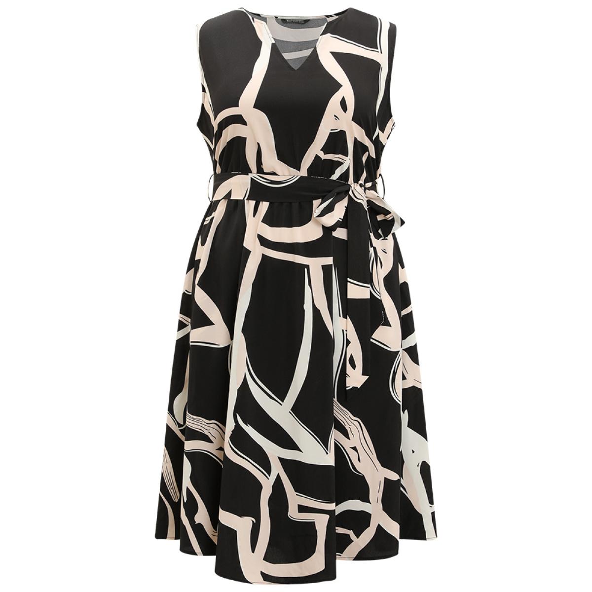 Plus Size Geometric Print Pocket Notched Belted Tank Dress Black Women Office Gathered Notched collar Sleeveless Curvy Midi Dress BloomChic 26/4X Product Image