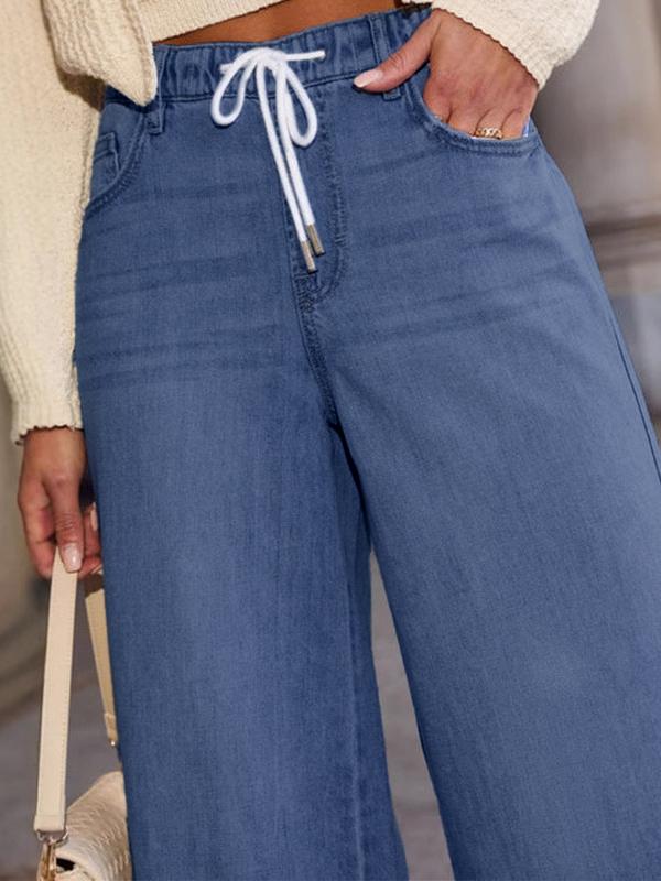 High Waisted Loose Drawstring Elasticity Split-Joint Jean Pants Bottoms Product Image