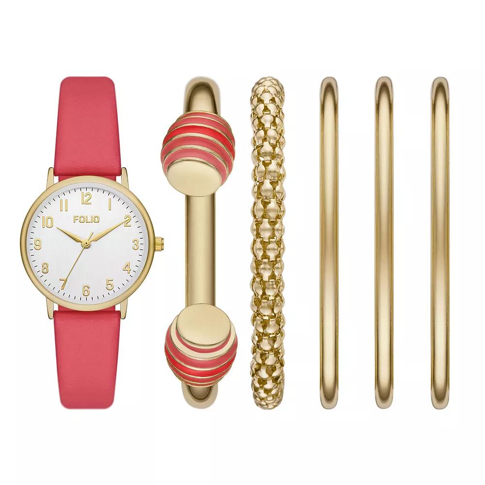 Folio Women's Pink Strap Watch & Stackable Bracelet Set, Size: Medium Product Image